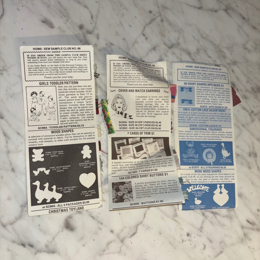 Vintage 1986 1987 Home Sew Sample Club Sheets Trim Fabric Swatches Lot 3